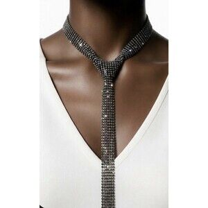 Zara Metallic Rhinestone Tie Necklace NWT Silver Mesh Statement Choker 1011/270